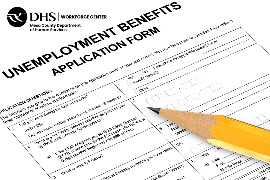 Unemployment Insurance form with pencil and MCDHS logo